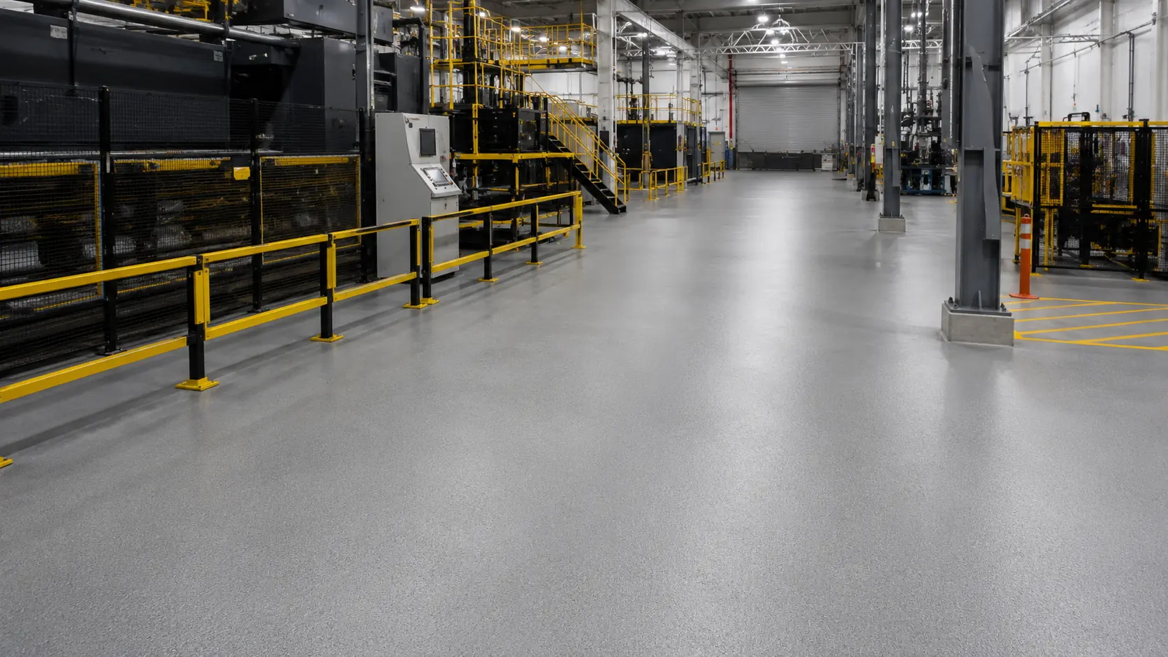 Clean commercial facility with a matte medium grey resin floor, illustrating commercial epoxy flooring available in Melbourne.