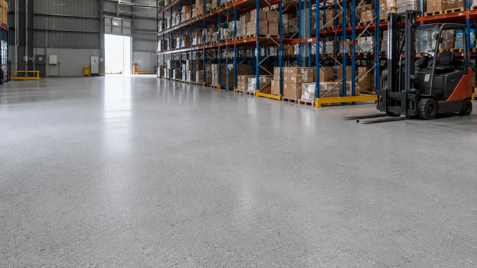 Large warehouse with a matte medium grey heavy-duty resin floor and forklift, illustrating industrial flooring available in Melbourne.