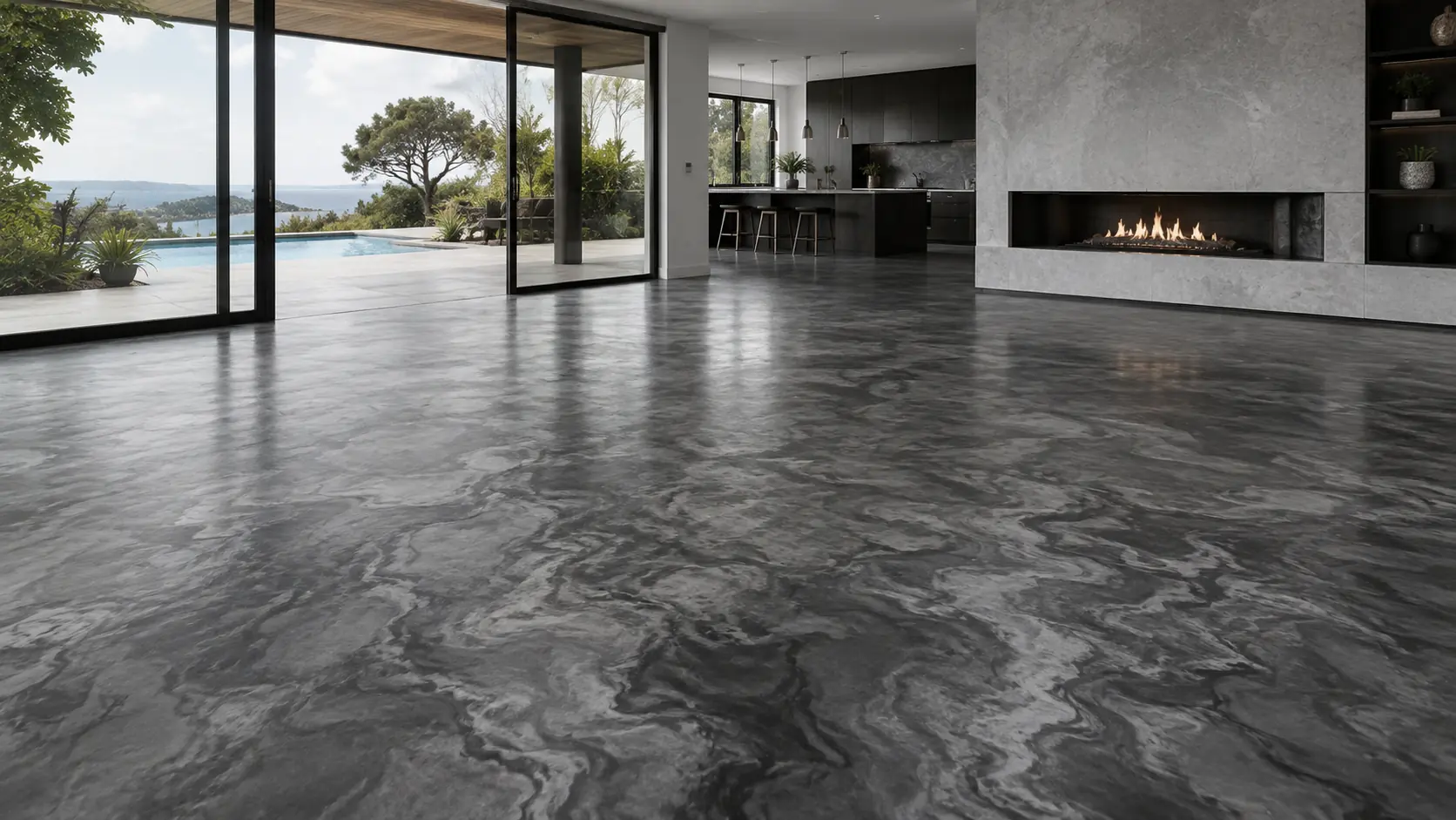 Modern interior with a charcoal grey metallic marble epoxy floor, illustrating decorative metallic flooring available in Melbourne.
