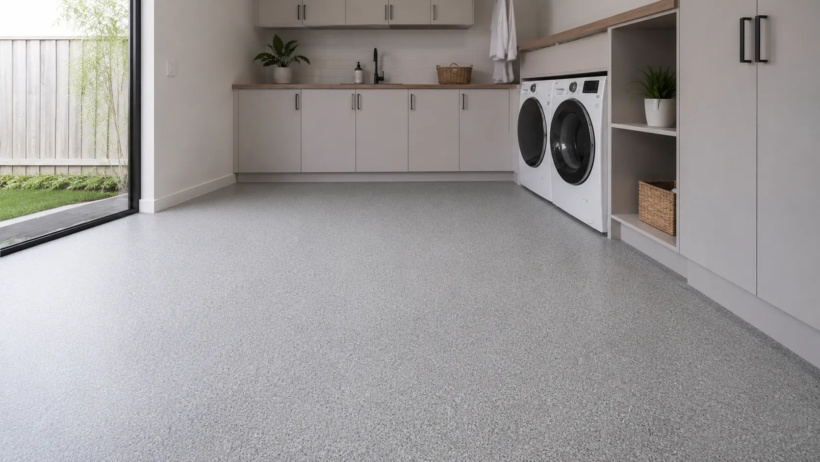 Modern laundry with a matte light grey flake resin floor, illustrating residential epoxy flooring available in Melbourne.