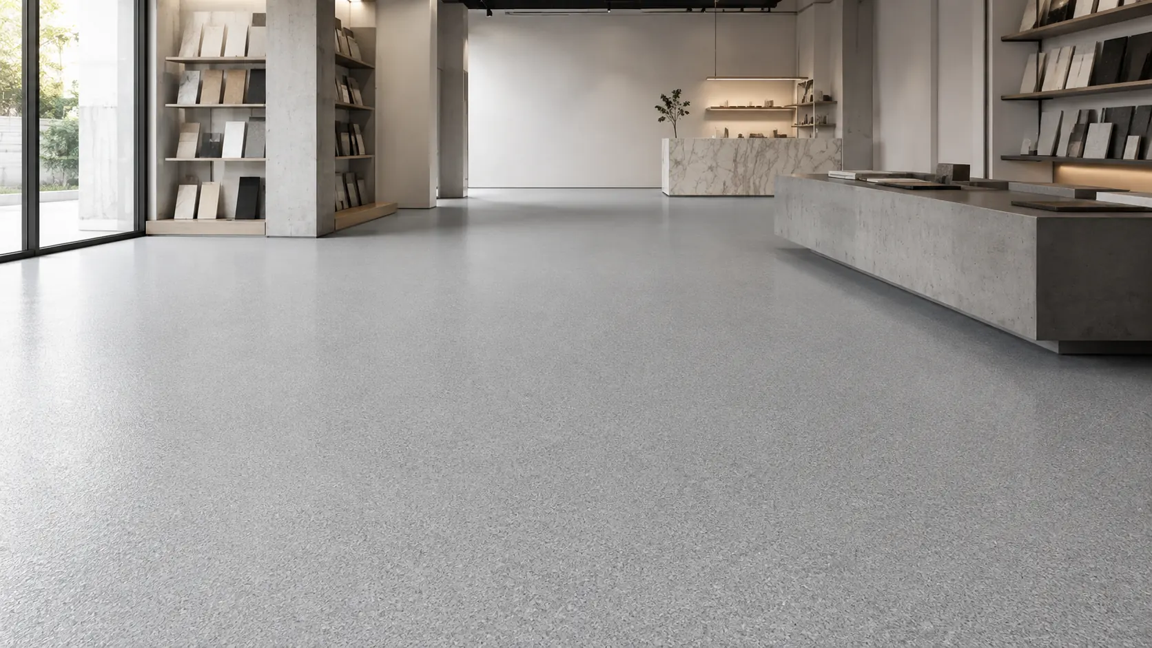 Modern showroom with a matte light grey seamless resin floor, illustrating showroom and retail flooring available in Melbourne.