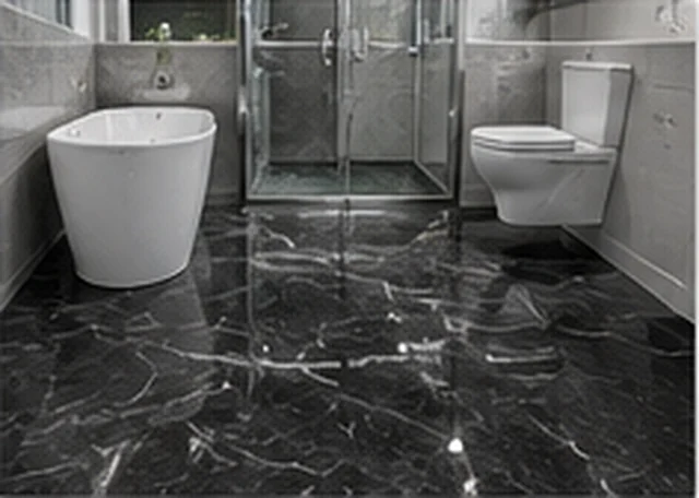 Dark marble-effect epoxy flooring in a modern bathroom