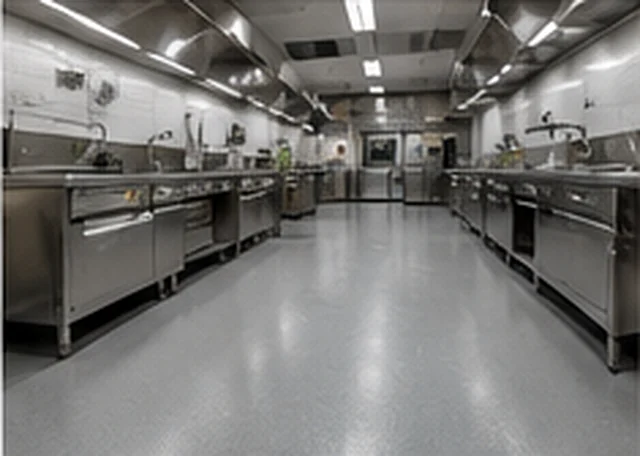 Seamless resin floor in a commercial kitchen