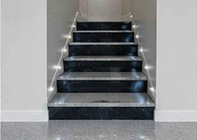 Dark anti-slip epoxy coating on an indoor staircase