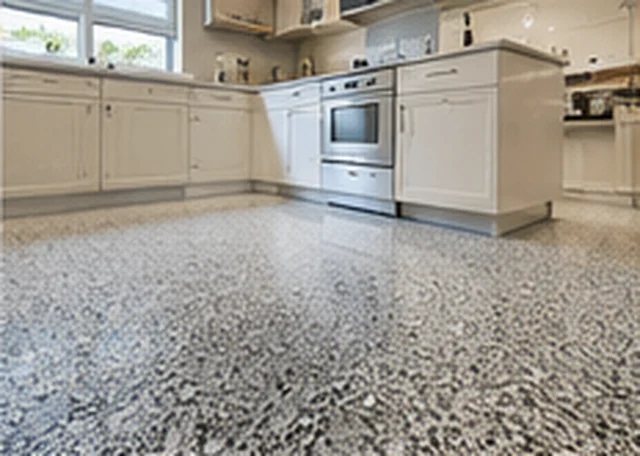 Light grey decorative epoxy flake flooring in a Melbourne kitchen