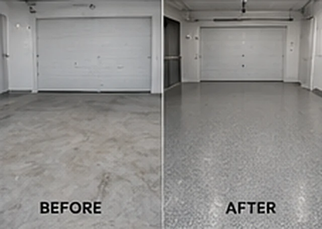Before and after comparison of a Melbourne garage epoxy floor