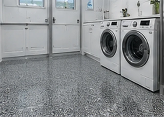 Grey full-flake epoxy flooring in a Melbourne laundry