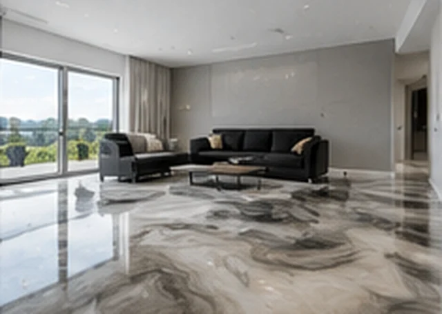 Grey and white metallic marble epoxy flooring in a modern Melbourne home