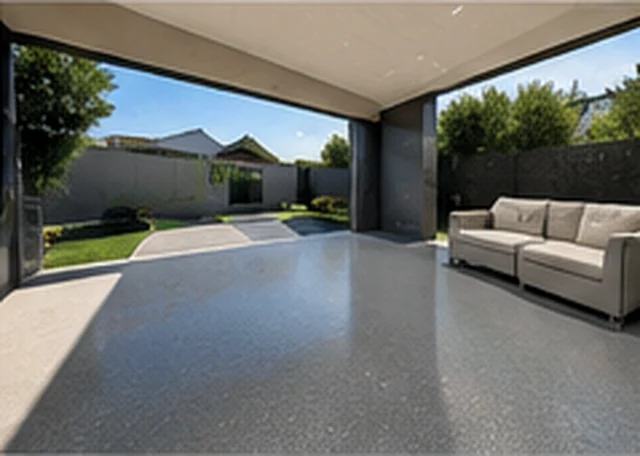 Slip-resistant grey epoxy flooring in a Melbourne alfresco area