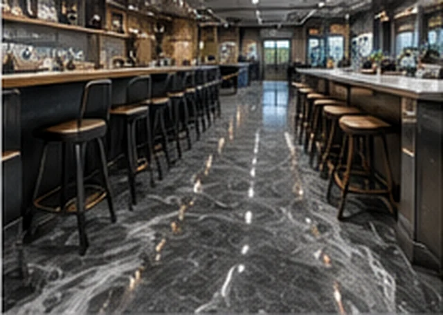 Dark marble epoxy flooring in a Melbourne restaurant bar