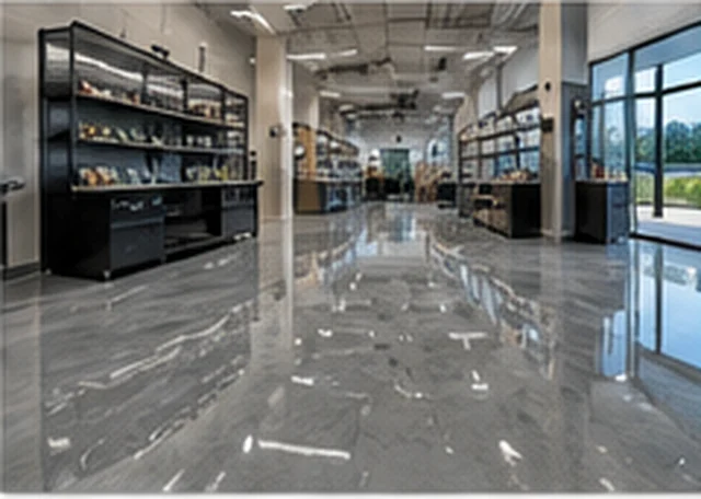 Polished decorative resin flooring in a retail store