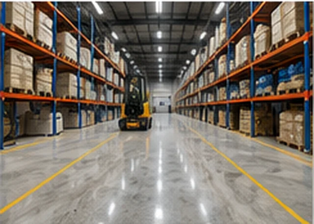 Heavy-duty epoxy flooring with safety lines in a Melbourne warehouse